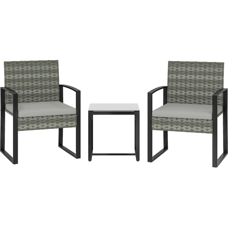 Rattan Bistroset, 3 teiliges Gartenmöbel-Set mit 2 Gartenstühlen, Couchtisch, abnehmbar Kissen Hellgrau – Bild 1