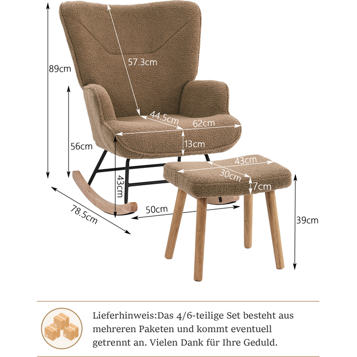 GOEURVANT 5006 Schaukelstuhl mit Hocker (Relaxsessel, Ohrensessel), Teddy-Stoff - Braun – Bild 6