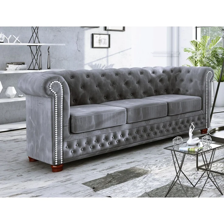 S-Style Möbel Chesterfield-Sofa Leeds 3-Sitzer aus Samt-Stoff mit Holzfüßen, mit Wellenfederung – Bild 1