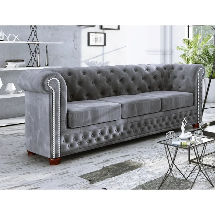 S-Style Möbel Chesterfield-Sofa Leeds 3-Sitzer aus Samt-Stoff mit Holzfüßen, mit Wellenfederung