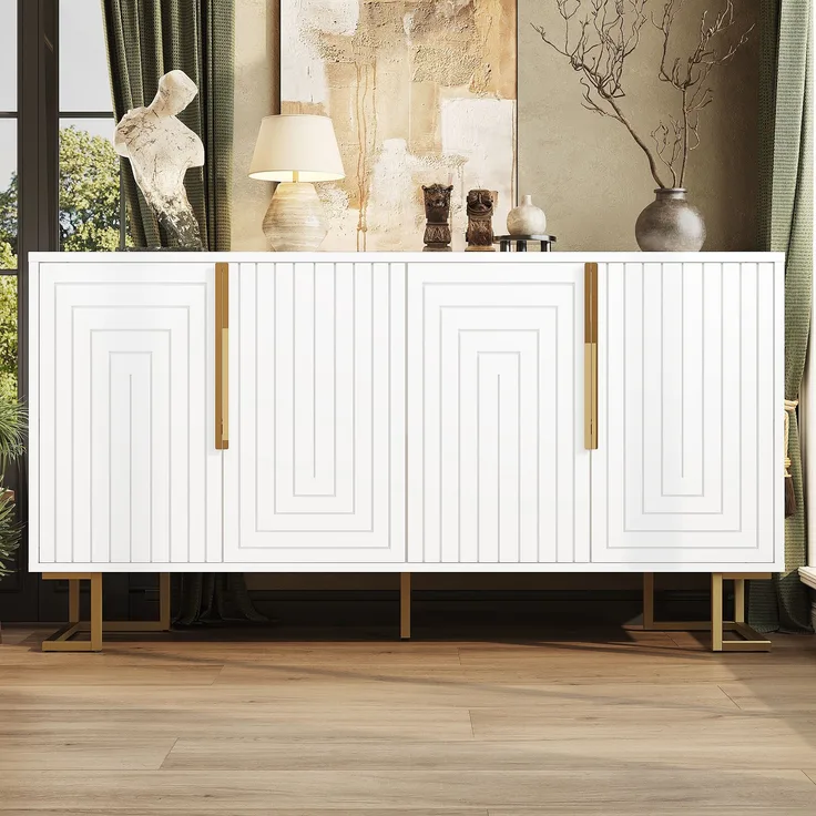 Sideboard 152×40×75 cm, Weiß, Küchenschrank mit Metallbeinen, Kippsicherung, goldfarbene Griffe, Stauraum 4 Ablagen, 75cmx152cmx40cm