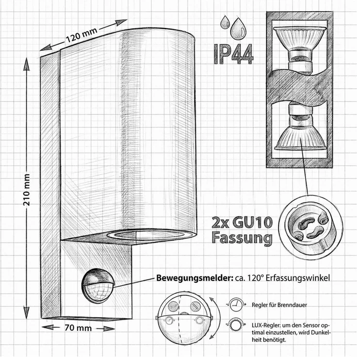 Maxkomfort Außen-Wandleuchte Up & Down Wandlampe mit Bewegungsmelder, Außen & Innen, GU10, ohne Leuchtmittel, Modern, IP44 wetterfest, Bewegungsmelder, exkl. Leuchtmittel – Bild 3