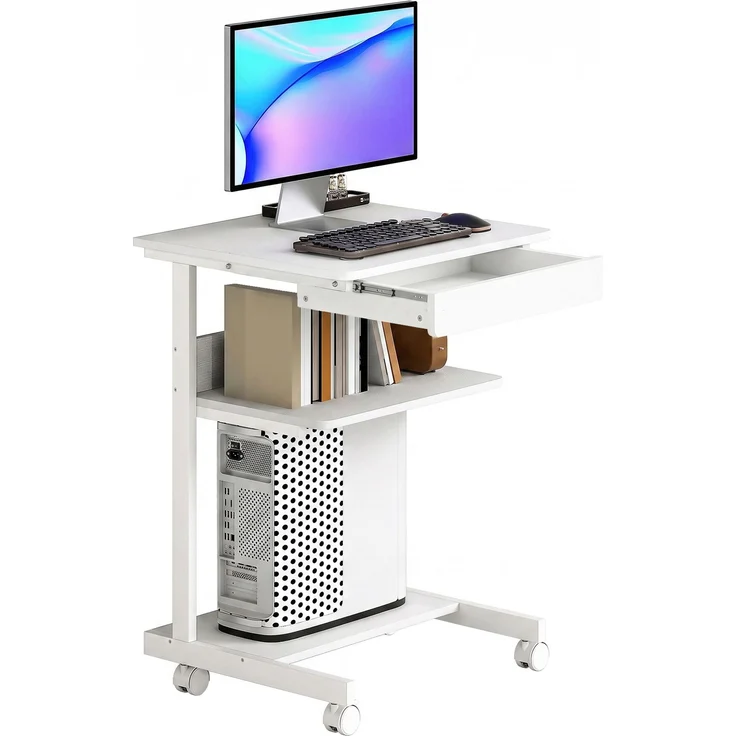 Computertisch auf Rollen, Schreibtisch mit Stauraum 56 x 51 cm mit Schublade, Fach und CPU-Halterung, weiß – Bild 1