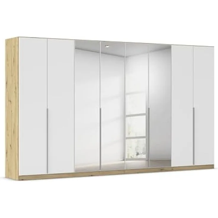 Rauch Möbel Alabama, Kleiderschrank für Schlafzimmer, Kinderzimmer, Wohnzimmer, Garderobe, Flur, 8-türig, Spiegel, mit Zubehör Premium, Farbe Weiß/Eiche Artisan, Holz, Breite 360 cm
