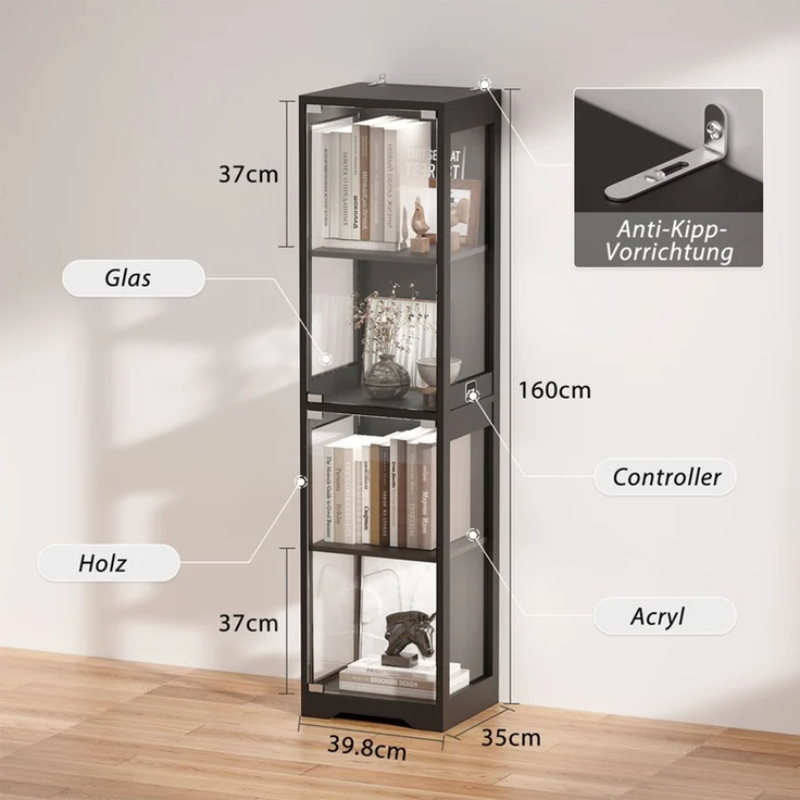 Glasvitrine 4-stöckig, Ausstellungsschrank mit Glastür, LED-Beleuchtung und Helligkeitsregelung, Schwarz – Bild 4