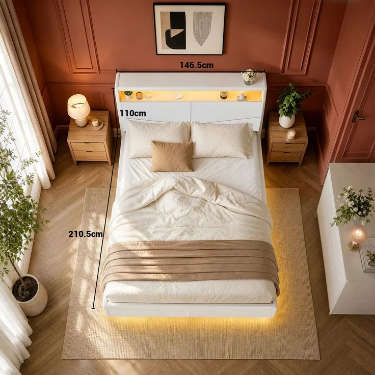 Halupeit Schwebebettgestell aus cremefarbenem Leinen mit integriertem Stauraum am Bett, stimmungsvoller LED-Beleuchtung und integrierter Steckdosenleiste; 210,5 × 146,5 × 110,0 cm – Bild 4