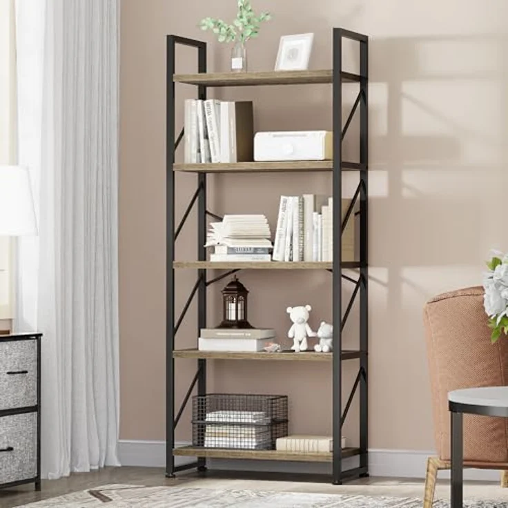 YITAHOME Bücherregal, Standregal mit 5 Ebenen, Hohes Lagerregal mit Metallrahmen, Industrielles Ausstellungsregal, Regaleinheiten, für Wohnzimmer, Schlafzimmer, Homeoffice, Küche, Grau Regal – Bild 5