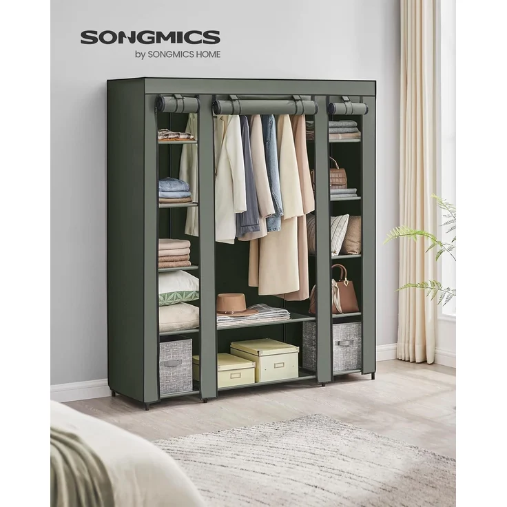 Songmics Kleiderschrank, Stoffschrank, mit Überzug aus Vliesstoff, Faltschrank mit Kleiderstange, 45 x 150 x 175 cm, 12 Ablagen, Metallrahmen, Schrank fürs Schlafzimmer, salbeigrün LSF003C02 – Bild 2