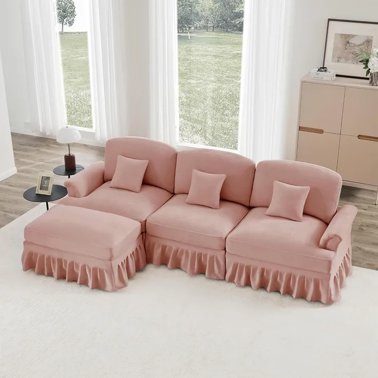 Ball & Cast Sofa Sets, 3 Sitzer Sofa mit Flared Armlehnen, Modulares Sofa mit Abnehmbarem Volant für Wohnzimmer, Rosa, 3 Sitze + 1 Hocker