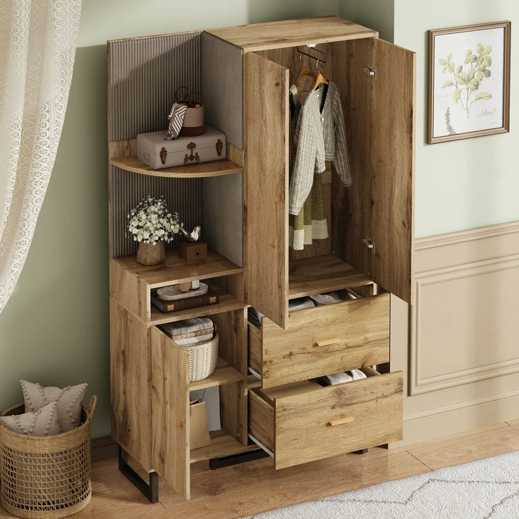 CHICFURN Schrank 110x186x38 cm mit Schubladen, aus MDF – Garderobe mit Kleiderstange Schwarz,Natur – Bild 3