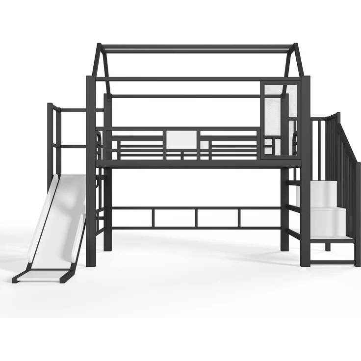Abrihome Metall Hochbett Hausform für Kinder, Rutsche, Treppe, Stauraum, LED, Schwarz, 90x200 cm – Bild 7