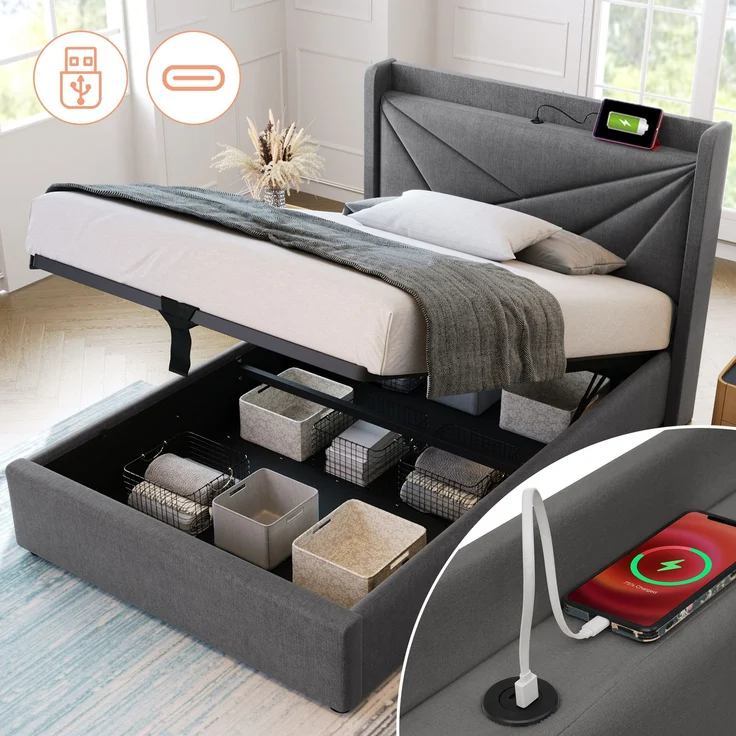 TavilaEcon Boxspringbett mit Bettkasten und USB Typ C grau Liegefläche 90 × 200 cm – Modell 202197AAG – Bild 2