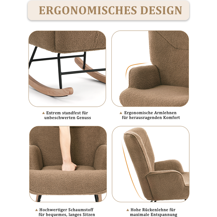 GOEURVANT 5006 Schaukelstuhl mit Hocker (Relaxsessel, Ohrensessel), Teddy-Stoff - Braun – Bild 9