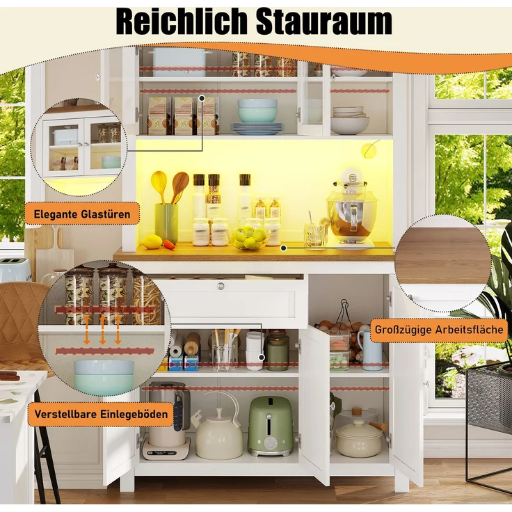 Küchenschrank(104×40×180cm), Hochschrank Küchenbuffet, Vitrinenschrank, Buffetschrank mit Verstellbaren Ablagen, Sideboard mit LED-Beleuchtung,Variable Lichtfarben,weiß--Weiß--104x40x180cm--YOUDENOVA – Bild 5