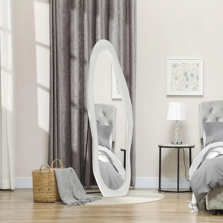 HOMCOM Standspiegel 50 x 160 cm mit samtartiger Rahmenbezug (Wandspiegel, 1-St, Ganzkörperspiegel), für Schlafzimmer, Wohnzimmer, Weiß – Bild 1