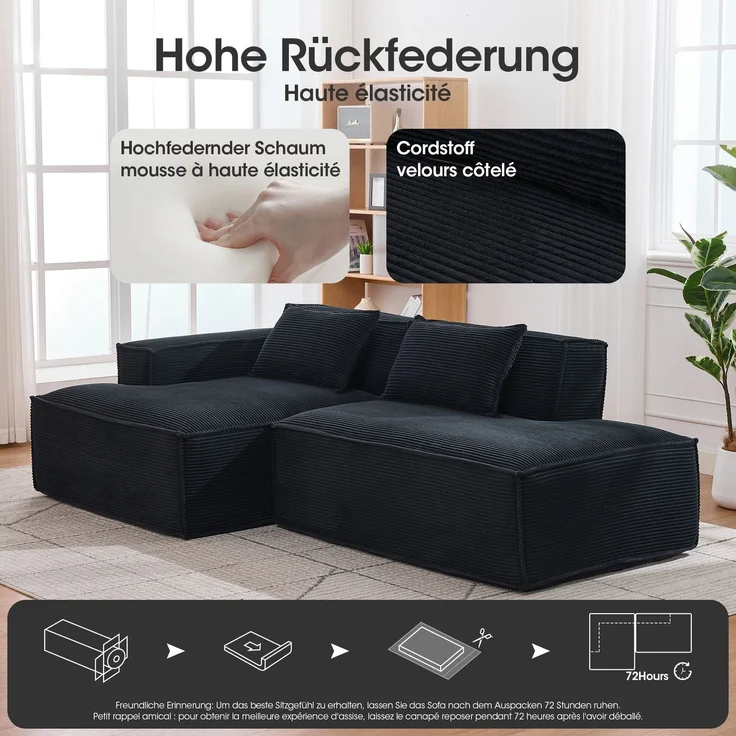 LVHOM Ecksofa 2 Sitzer, Modulares Sofa 235 cm breit, L-Form Sofa mit 2 Kissen, Schlafsofa aus Cordstoff, kein Aufbau erforderlich, Schwarz – Bild 4