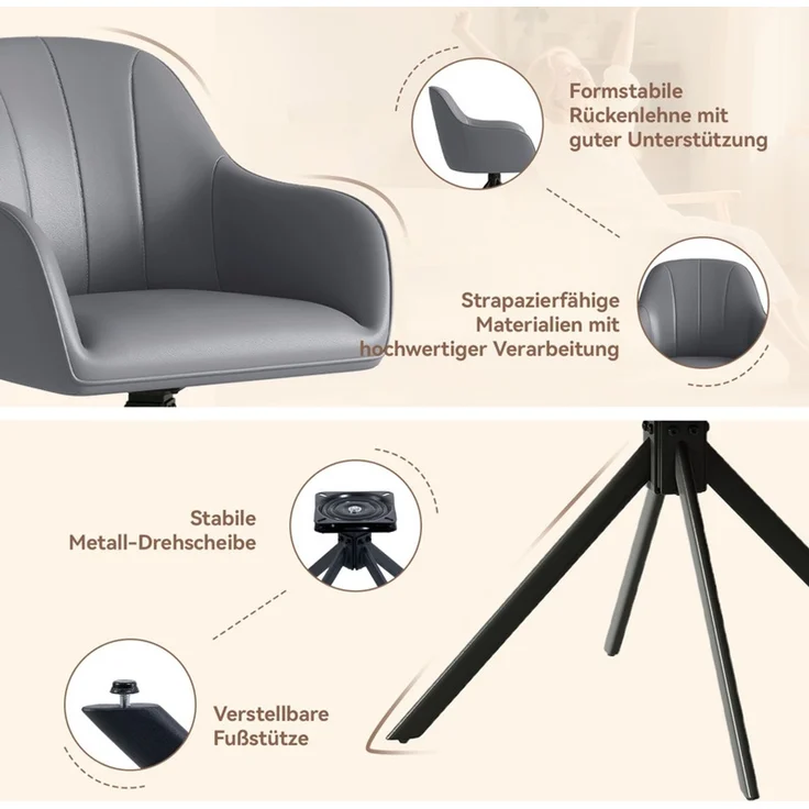 Hawthyhome 4-Fußstuhl Esszimmerstuhl drehbar mit Armlehne, 360° Drehfunktion, ergonomische Sitzschale, Kunstlederbezug, stabiles schwarzes Metallgestell, moderner Küchenstuhl für Esszimmer, Wohnzimmer, Büro & Homeoffice, Grau – Bild 5