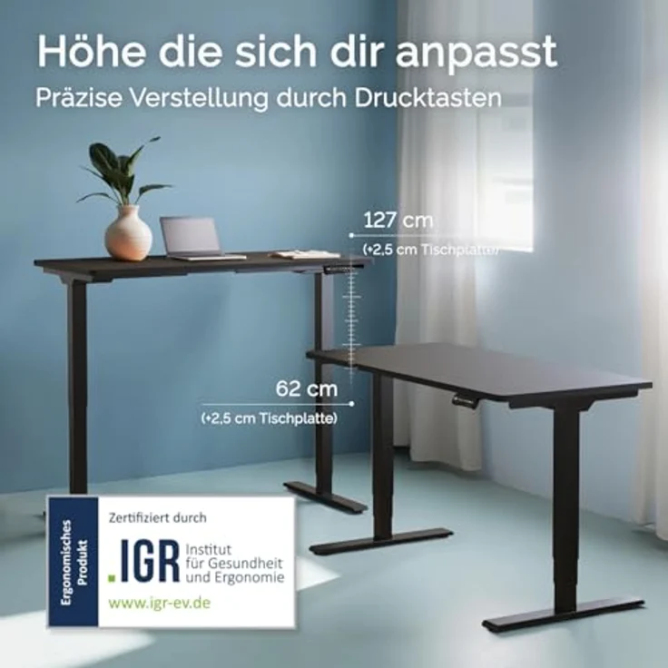 DESQUP DESKSPACE PRO Plus, Elektrisch Höhenverstellbarer Schreibtisch 120x60 cm mit schwarzer Tischplatte, Ergonomischer Stehpult mit Memory Funktion, Kollisionsschutz und USB-Ladefunktion, Schwarzes Gestell – Bild 3