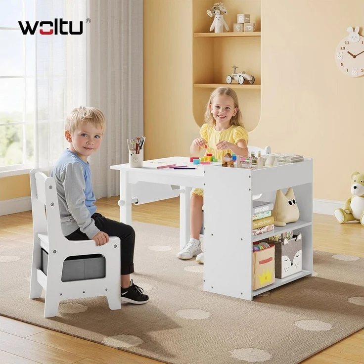 Woltu Kindertisch, mit 2 Stühlen, 2 Aufbewahrungsboxen, mit Stauraum, Weiß