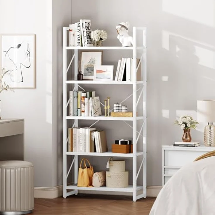 YITAHOME Bücherregal, Standregal mit 5 Ebenen, Hohes Lagerregal mit Metallrahmen, Industrielles Ausstellungsregal, Regaleinheiten, für Wohnzimmer, Schlafzimmer, Homeoffice, Küche, Reines Weiß Regal – Bild 6