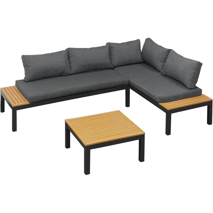 GARTENFREUDE Lounge Ambience, flexibel einsetzbar, wasserabweisende Kissen, Gestell: dunkelgrau / Kissen: dunkelgrau / WPC: teak
