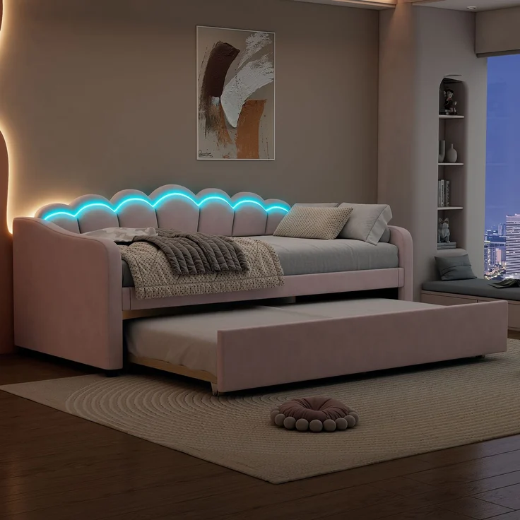 Ausziehbett 90/190–200×200 cm mit LED-Rückenlehne, Samt in Rosa, ohne Matratze – Bild 5