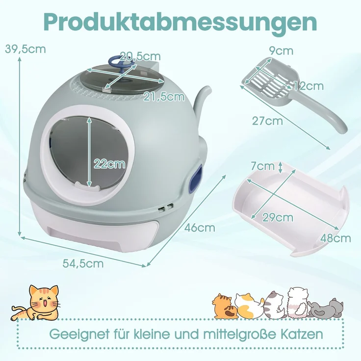 Katzenklo mit Deckel & Ausziehbarem Tablett & Schaufel & Frontöffnung Katzentoilette Blau SH639 – Bild 2