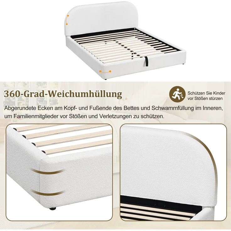 Polsterbett,Doppelbett,160 x 200cm, hydraulisches Funktionsbett,Bett mit Lattenrost, Kopfteil und großem Stauraum, gepolstertes Kopfteil, Beige Bouclé – Bild 7