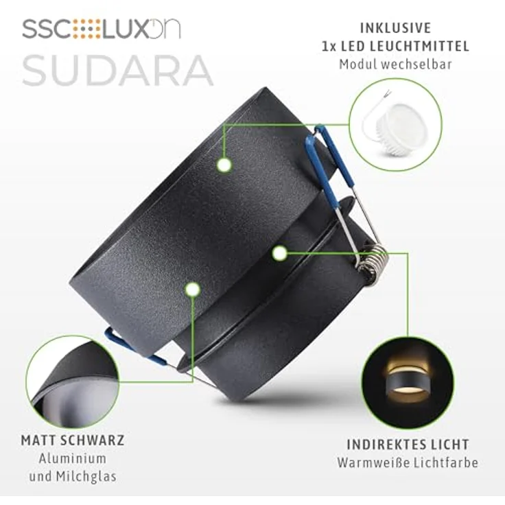 SSC-LUXon LED Deckenstrahler Sudara, Einbau Design Spot Leuchte schwarz, indirektes Licht, 4W warmweiß, Ø 80 mm, für 230V – Bild 4
