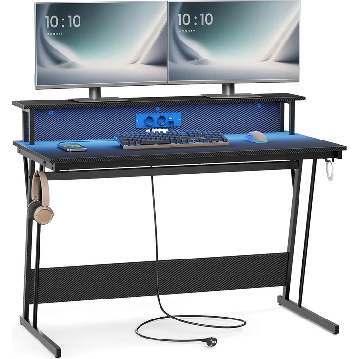 Vasagle Schreibtisch, Gaming Tisch mit eingebauter Steckdosenleiste, Computertisch, mit Monitorständer für 2 Monitore, Schlafzimmer, 60 x 120 x 76 cm, rußschwarz LWDDE192B02