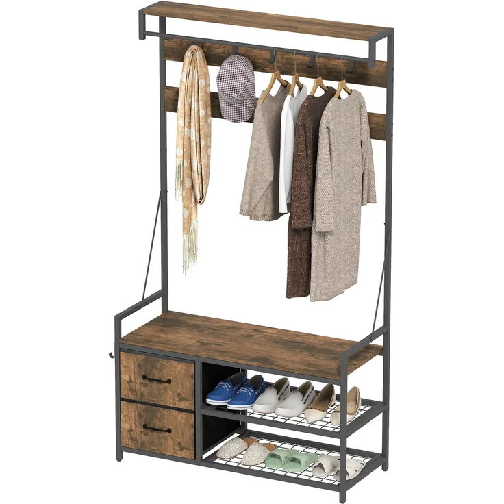 MELAYR, Schuhregal mit doppeltem Schuhregal, 10 verstellbaren Haken, 100 x 40 x 180 cm, rustikales Braun, Rustikalbraun – Bild 2