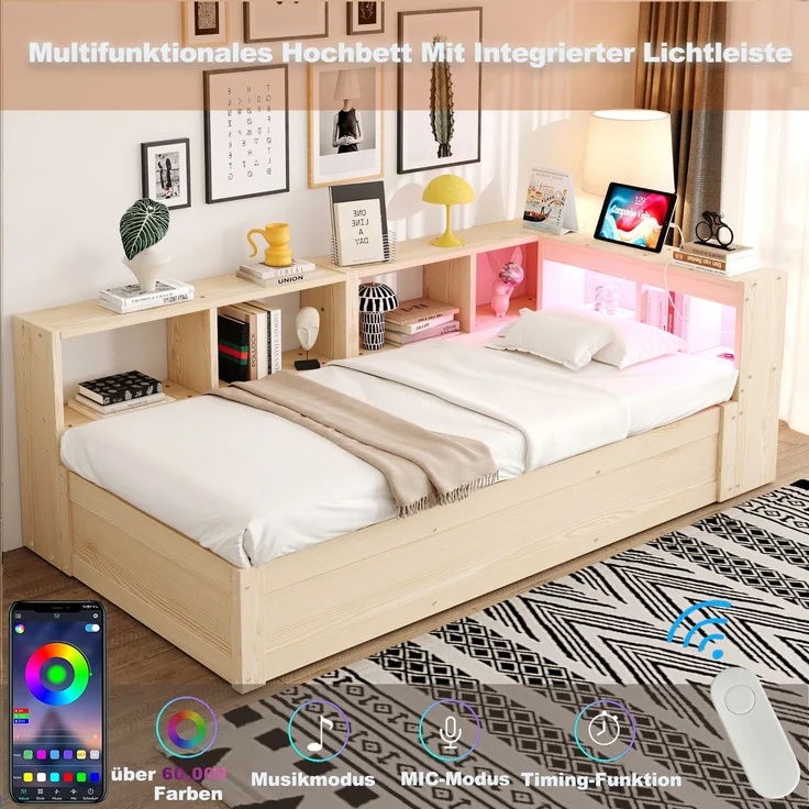 Multifunktionsbett 90×200 cm mit Bettkasten, LED-Lichtleiste und Steckdose, Holzfarbe, ohne Matratze – Bild 6