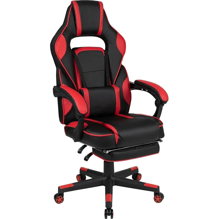 Flash Furniture Gaming Stuhl mit hoher Rückenlehne – Ergonomischer Bürosessel mit verstellbaren Armlehnen und Fußstütze – Perfekt als Zockerstuhl und fürs Home Office – Rot
