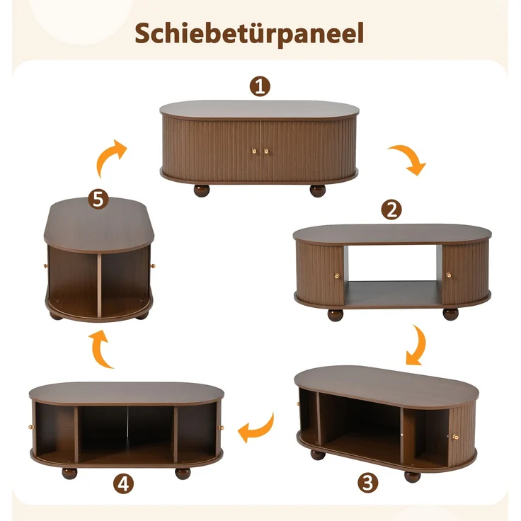 Ovaler Couchtisch aus MDF mit Stauraum und Schiebetür, 100x50x40 cm, Walnuss – Bild 7