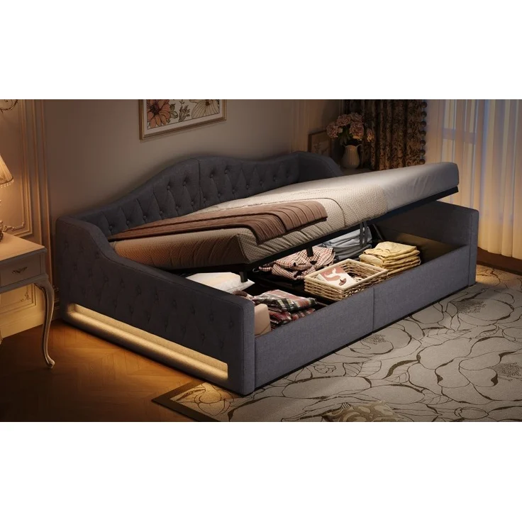 Tagesbett 140x200 cm mit LED-Beleuchtung & Stauraum, ohne Matratze, Leinen Grau – Bild 5