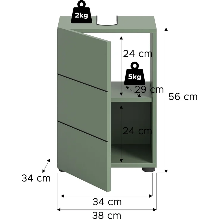 Waschbeckenunterschrank (B/H/T: 38x56x34 cm) in Smoke Green Nachbildung und schwarz – Bild 4
