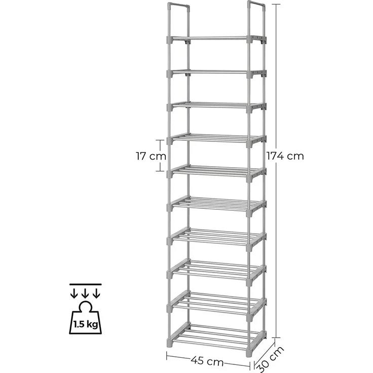 SONGMICS Schuhregal mit 10 Ebenen, offener Schuhschrank hoch, Schuhständer schmal, Schuhaufbewahrung, aus Metall, platzsparend, für Ankleidezimmer, Flur, 30 x 45 x 174 cm, grau – Bild 5