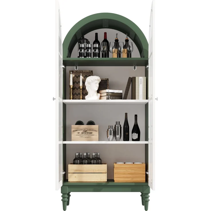 Bogen-Vitrinenschrank 165cm mit Riffelglas-Doppeltüren, 3 Einlegeebenen, 2 Farben (Dunkelgrün+Weiß)--Grün--76x38.5x165cm--YOUDENOVA – Bild 7