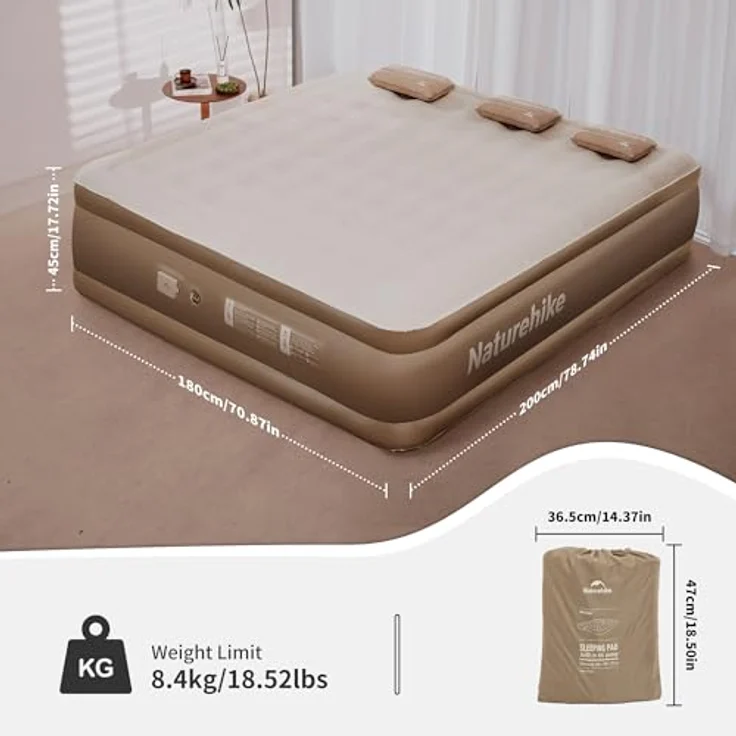 Naturehike Luftmatratze 3 Personen Selbstaufblasend mit Akkupumpe - Aufblasbares Gästebett 200 x 180 x 45 cm für Camping & Zuhause, Leicht, Bequem und Schnell aufblasbar – Bild 10