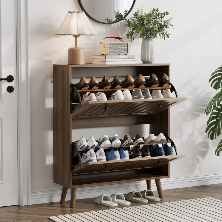 DESVIAE Garderobenschrank Schuhschrank Walnussfarben aus MDF/Spanplatte – 80x95x24 cm – 2 Kippfächer – Bild 2