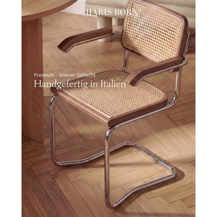 Haris Børn Freischwinger Wiener Geflecht SKØR - Handgefertigt in Italien - Premium Schwingstuhl (Set, 2 St), Walnuss mit Armlehnen - Freischwinger Stühle - Rattanstühle Esszimmer – Bild 4