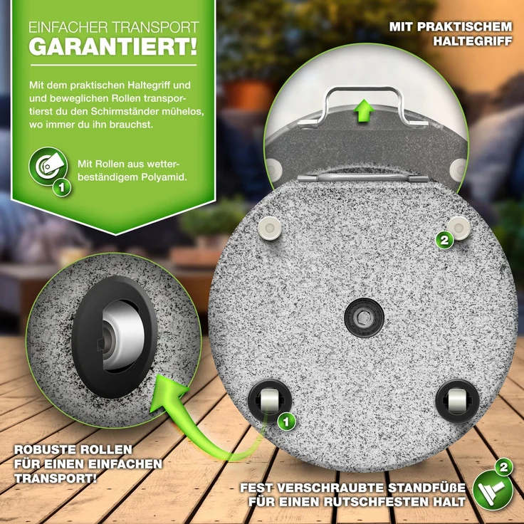 tillvex® Granit Sonnenschirmständer mit Rollen & Teleskopgriff 27 kg Grau - Rund | Schirmständer Sonnenschirm mit Edelstahlrohr | Balkonschirmständer für Schirmstöcke 16-48 mm & 300 cm Schirmdurchmesser – Bild 4