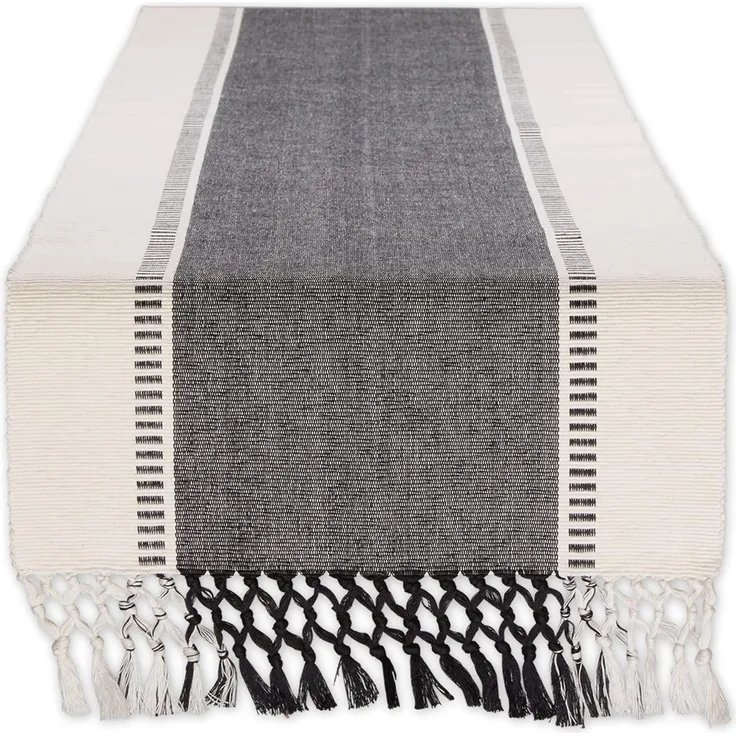 DII Dobby Stripe gewebter Tischläufer, 33x183 cm, Fransen im Lieferumfang enthalten, Schwarz