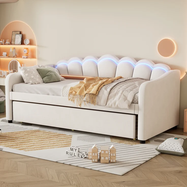 Daybed/Tagesbett mit ausziehbarem Bett & LED, Samt beige, 90x200 cm (ohne Matratze) – Bild 3