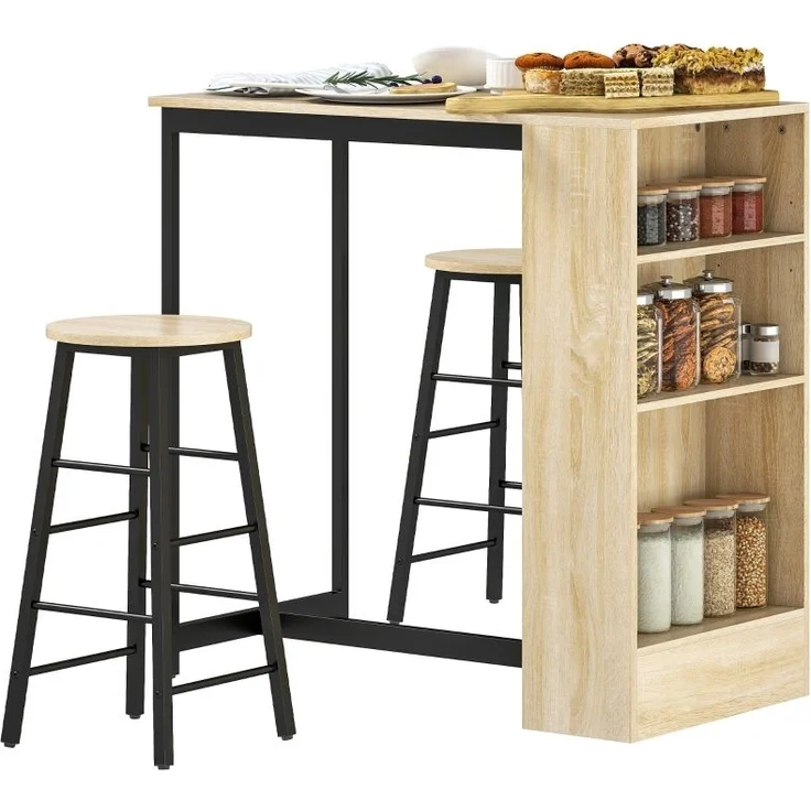 Bartisch Set 3-teilig mit Hockern – Küchentheke, Hochtisch, Frühstückstisch, Stauraum, industriell, Eichenoptik, schwarz – Bild 7