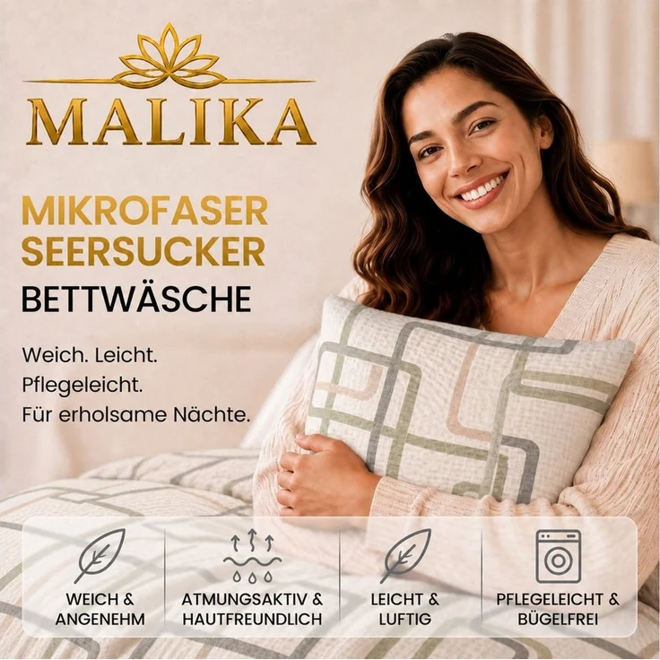 Malika Bettwäsche aus 100 % Mikrofaser, 1x 200x220 + 2x 80x80 cm, Seersucker, Boxen, Seersucker, 3 teilig, Für Allergiker geeignet, pflegeleicht, angenehm weicher Stoff – Bild 4