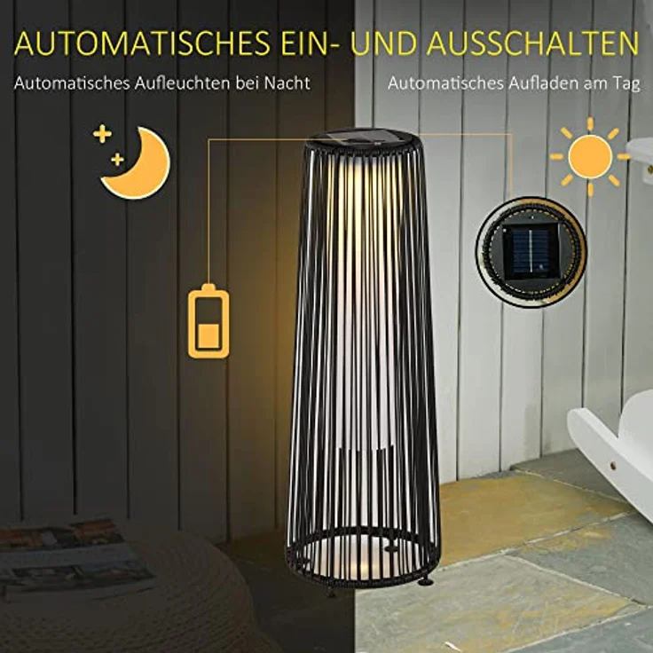 Outsunny Solarlampe Rattan, LED Solarleuchte mit Lichtsensor, IP44 spritzwassergeschützt, 61 cm hoch, Schwarz – Bild 3
