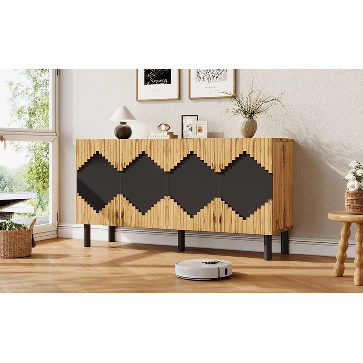 ZUBALIYA Sideboard 140x40x70 cm, mit 2 Türen, aus MDF / Spanplatte, Natur / Schwarz – Bild 15