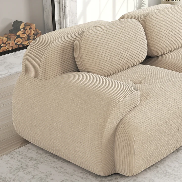 Ecksofa aus weichem Cordstoff,modular kombinierbar mit gebogenen Armlehnen ohne Montage hochelastische Schaumstoffpolsterung für Wohnzimmer Ruhezonen und Schlafzimmer,Cordstoff,Beige, – Bild 8