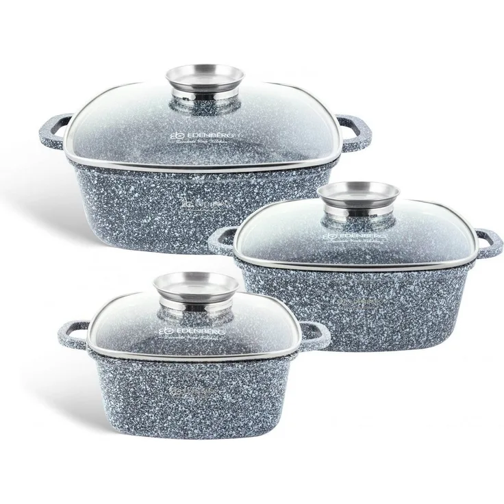 Edenberg Topf-Set Bräter, Quadratischer Topfset Kochtopf Keramik Grau Glasdeckel, Aluminiumguss (sehr hochwertig, 6-tlg, Zeitloses Design des Topfsets. Eine ideale Geschenkidee)